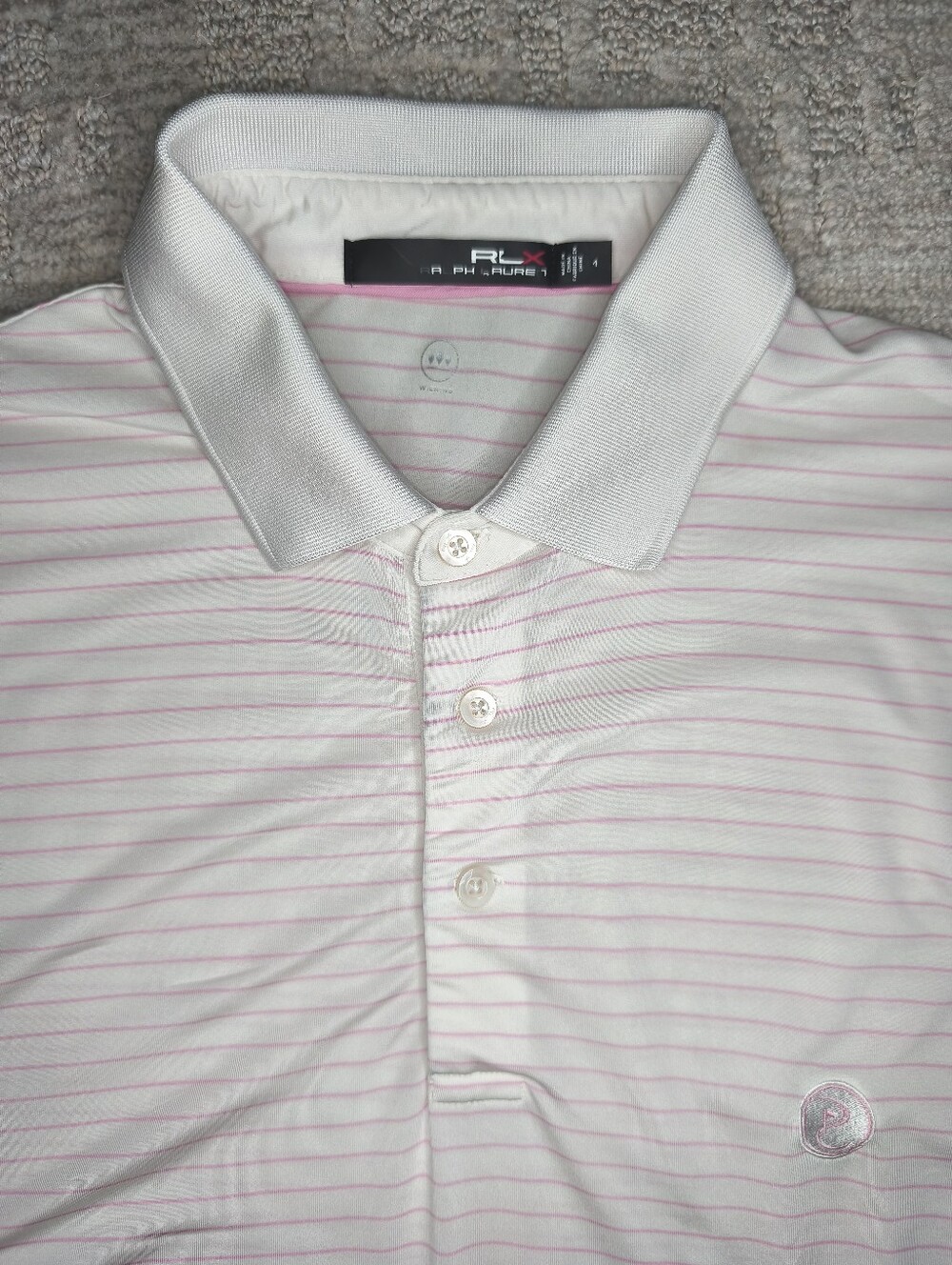 RLX Ralph Lauren Mens Golf Polo Shirt Pink White Striped Size M Med Performance